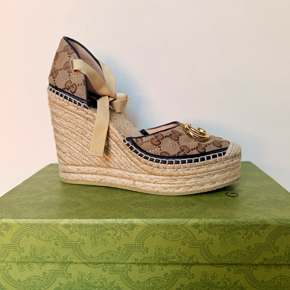 Gucci GG Canvas Espadrille Wedge Platform Ribbon Tie Beige Size 38